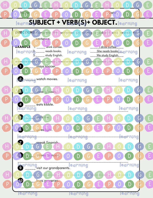 Subject + Verb(s) + Object (Simple Present Action) Worksheet [Digital Download]