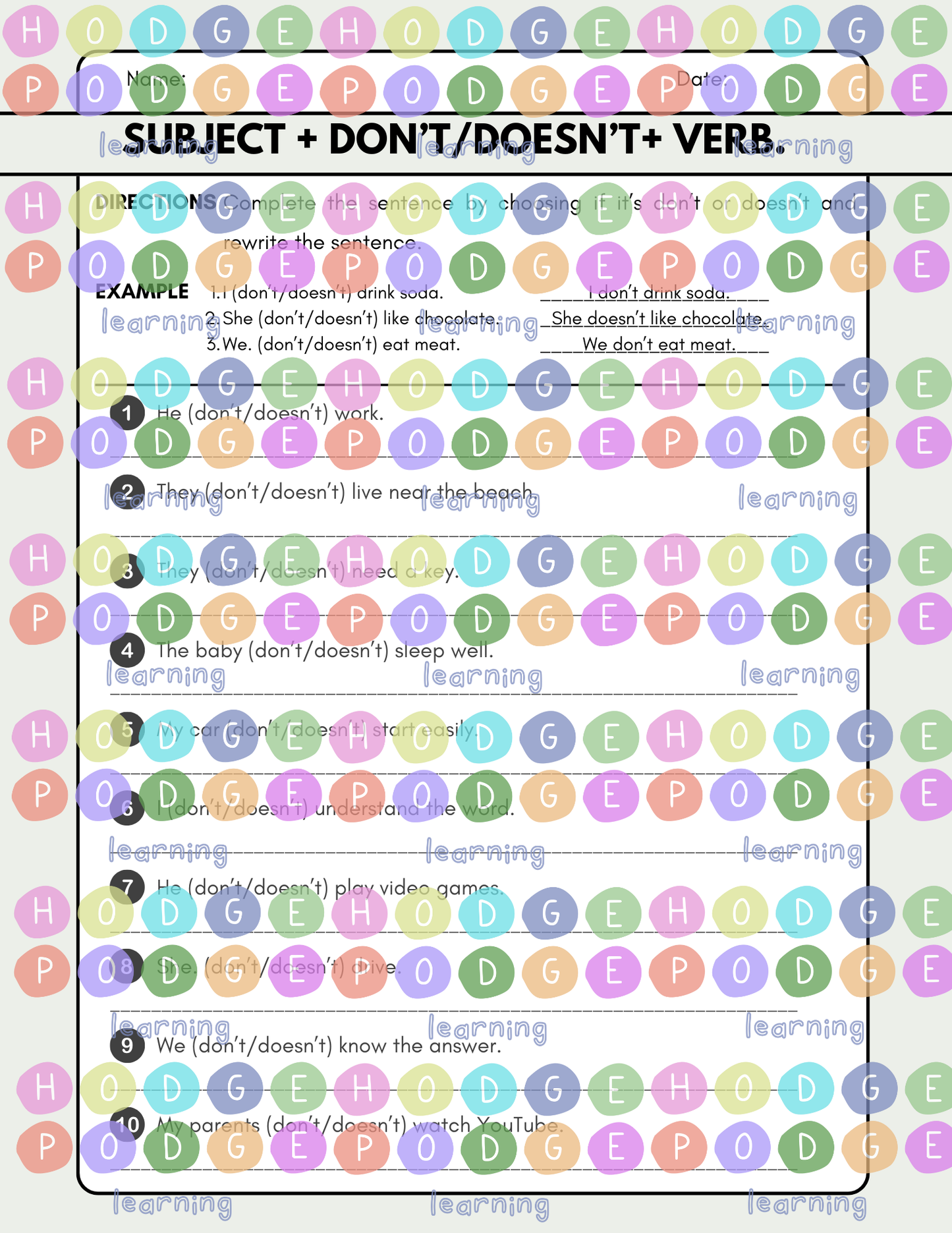 Subject + don't/doesn't + verb (Simple Negative Action) Worksheet [Digital Download]