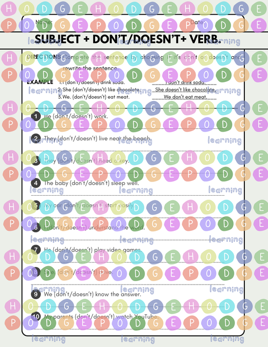 Subject + don't/doesn't + verb (Simple Negative Action) Worksheet [Digital Download]