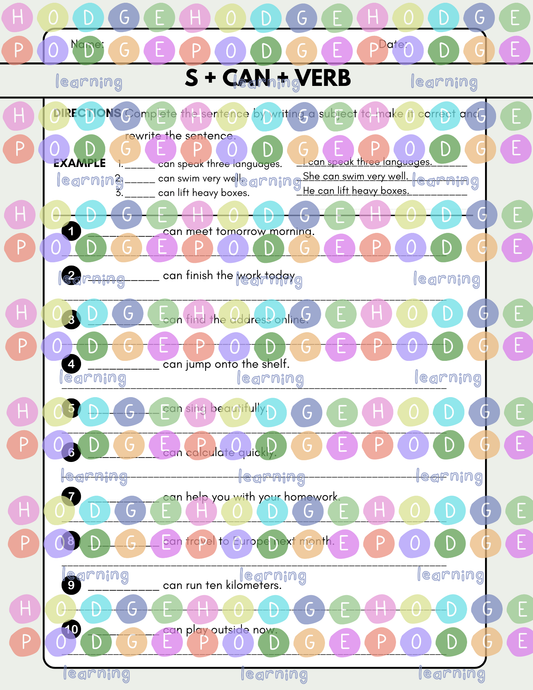 S + can + Verb (Ability / Possibility) Worksheet [Digital Download]