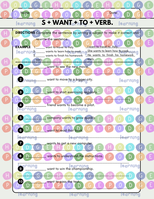 S + want + to + Verb (Desire / Goal) Worksheet [Digital Download]