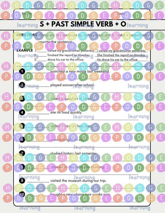 S + Past Simple Verb + O (Simple Past Action) Worksheet [Digital Download]