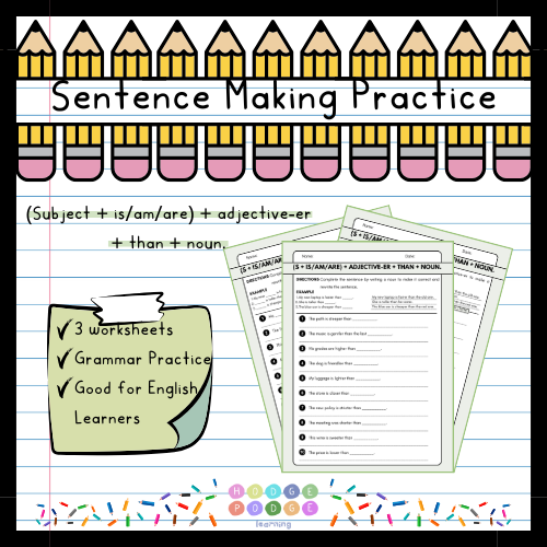 S + Verb + Adjective-er + than + Noun. (Comparative-Superiority) Worksheet [Digital Download]