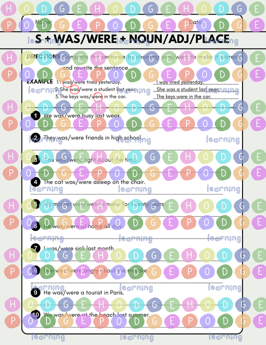 S + was/were + Noun/Adj/Place (Past State / Location) Worksheet [Digital Download]