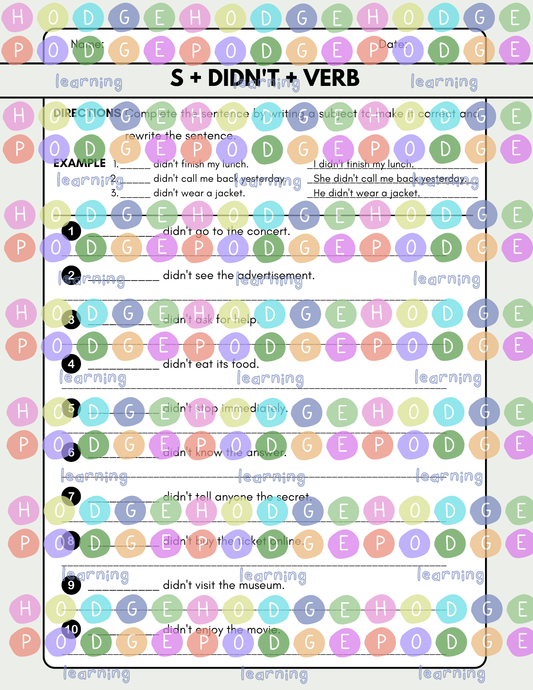 S + didn't + Verb (Simple Past Negative) Worksheet [Digital Download]