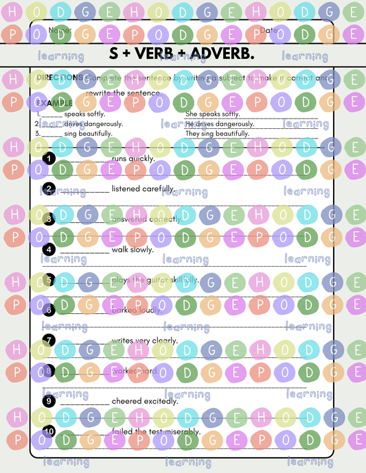 S + Verb + Adverb. (Manner-Adverb placement) Worksheet [Digital Download]