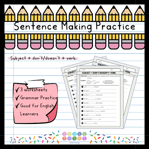 Subject + don't/doesn't + verb (Simple Negative Action) Worksheet [Digital Download]