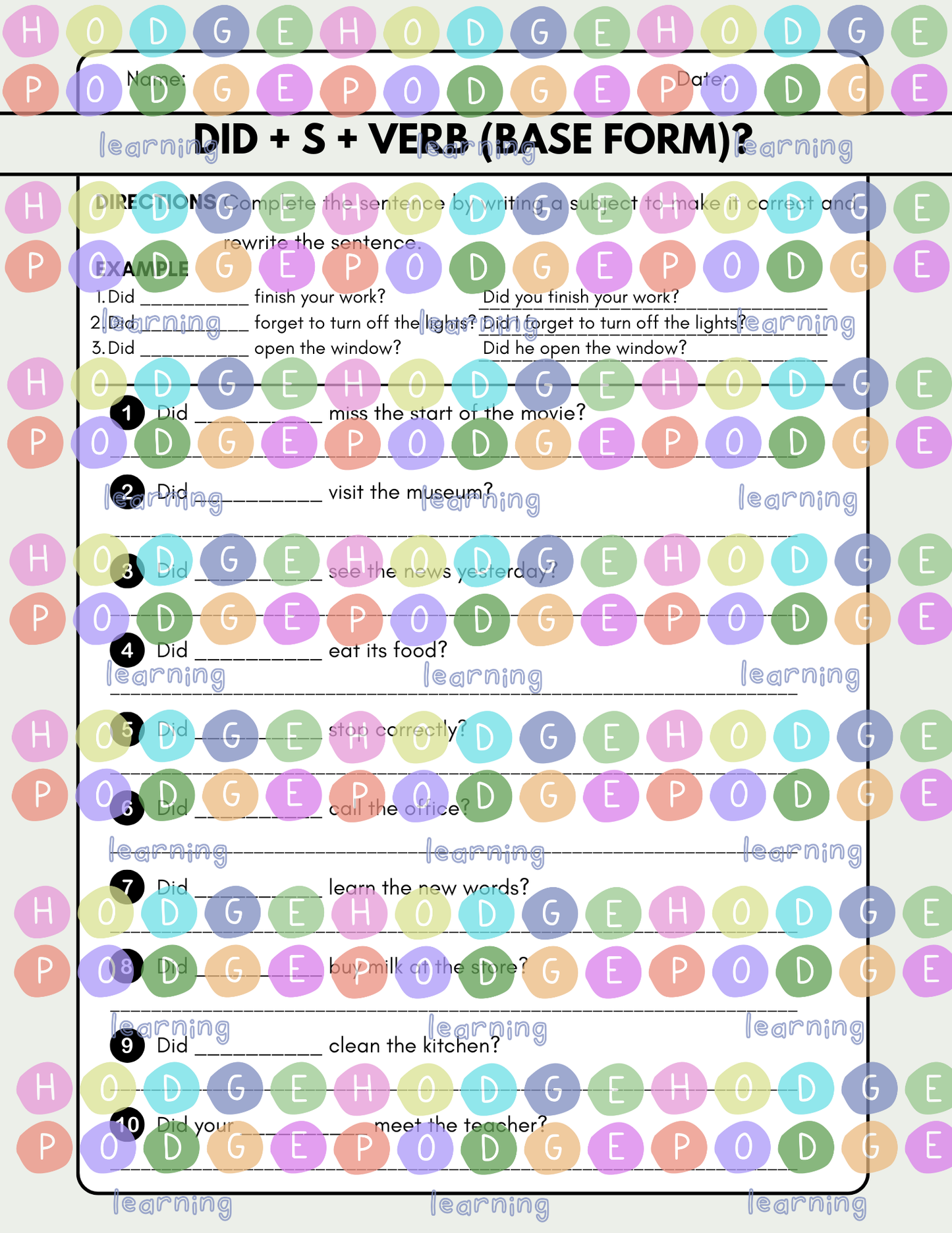 Did + S + Verb (Base form)? (Yes/no Question-Simple Past) Worksheet [Digital Download]