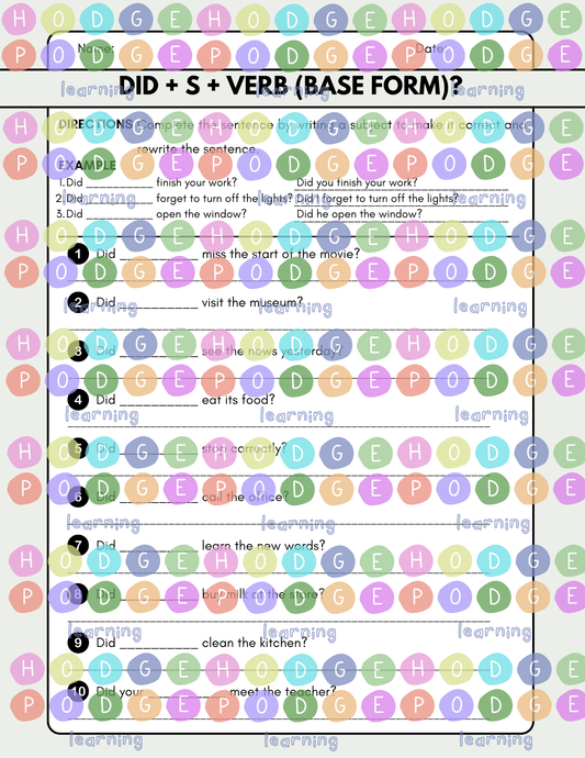 Did + S + Verb (Base form)? (Yes/no Question-Simple Past) Worksheet [Digital Download]