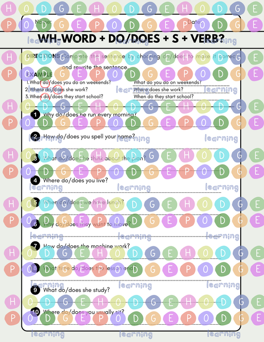 Wh-word + do/does + S + Verb? (WH-Question 'Simple Present') Worksheet [Digital Download]