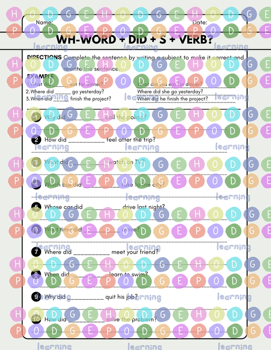 Wh-word + did + S + Verb? (WH-Question 'Simple Past') Worksheet [Digital Download]
