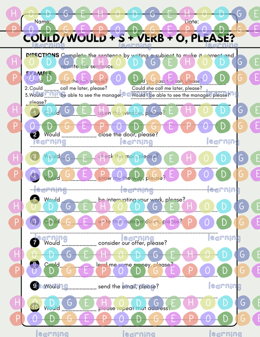 Could/Would + S + Verb + O, please? (Polite Request) Worksheet [Digital Download]