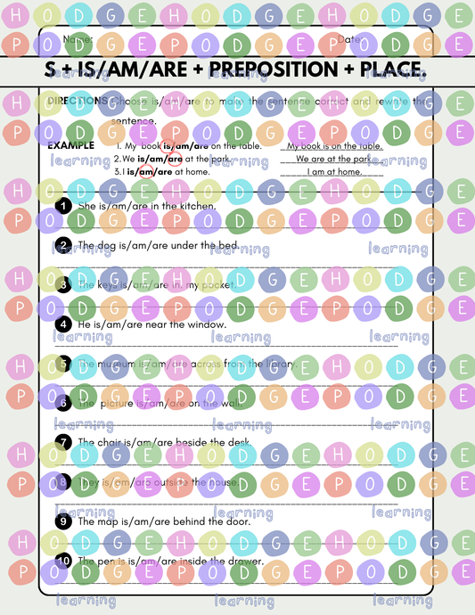 Subject + is/am/are + Preposition + Place (Static) Worksheet [Digital Download]