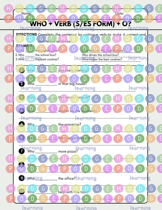 Who + Verb (s/es form) + O? (Subject Question) Worksheet [Digital Download]