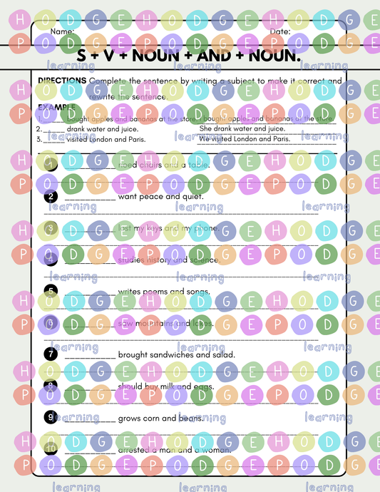 S + V + Noun + and + Noun. (Conjunction 'and') Worksheet [Digital Download]