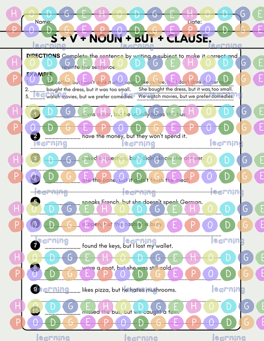 S + V + Noun + but + Clause. (Conjunction 'but') Worksheet [Digital Download]