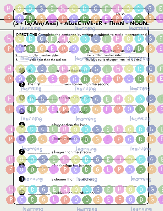 S + Verb + Adjective-er + than + Noun. (Comparative-Superiority) Worksheet [Digital Download]