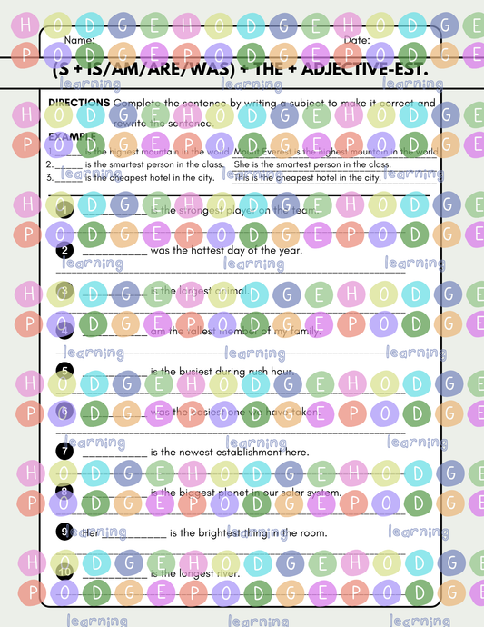 S + Verb + the + Adjective-est. (Superlative) Worksheet [Digital Download]