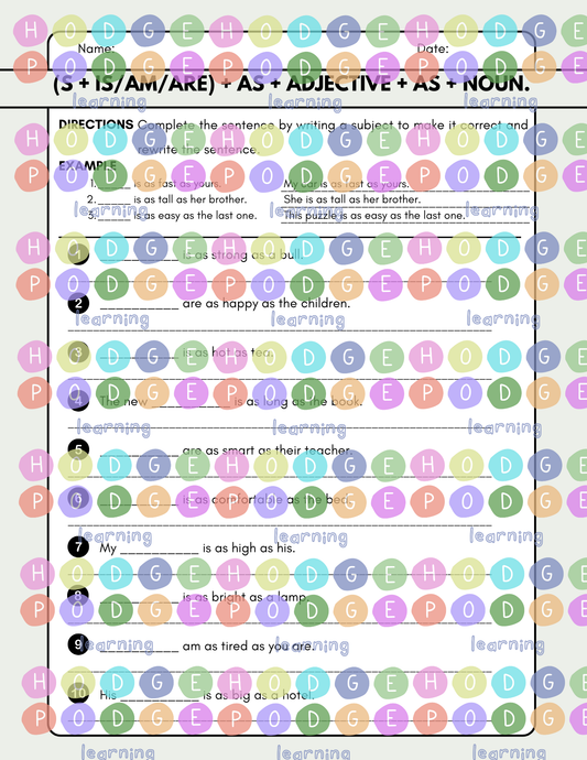 S + Verb + as + Adjective + as + Noun. (Comparison-Equality) Worksheet [Digital Download]